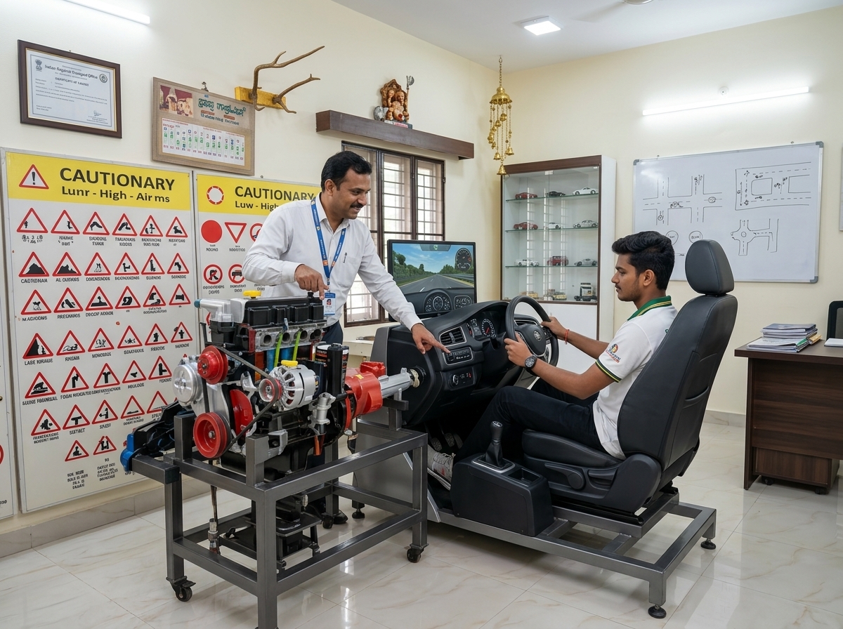 1-on-1 Cockpit Coaching classroom with engine model and road sign chart